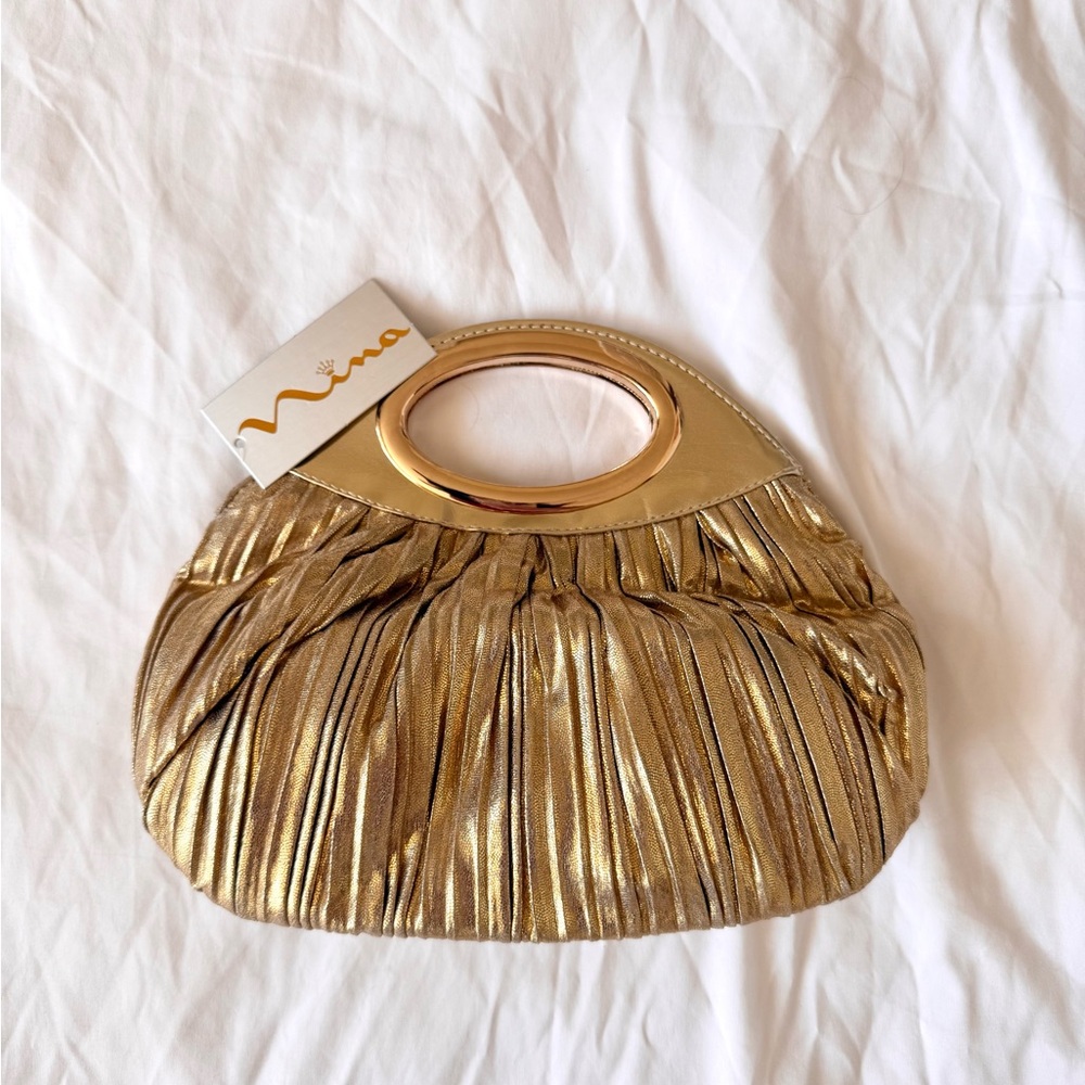 Nina Gold Pleated Clutch with Elegant Sunburst Design